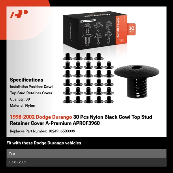 1998-2002 Dodge Durango 30 Pcs Nylon Black Cowl Top Stud Retainer Cover A-Premium APRCF3960