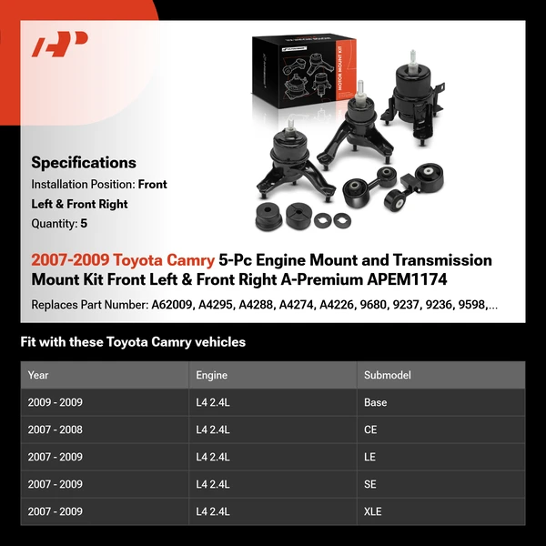 2007-2009 Toyota Camry 5-Pc Engine Mount and Transmission Mount Kit Front Left & Front Right A-Premium APEM1174