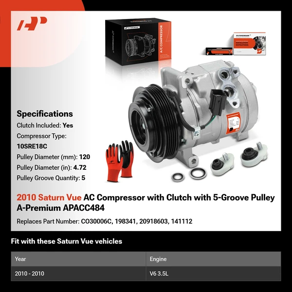 2010 Saturn Vue AC Compressor with Clutch with 5-Groove Pulley A-Premium APACC484