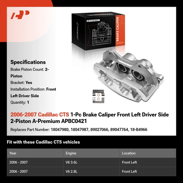 2006-2007 Cadillac CTS 1-Pc Brake Caliper Front Left Driver Side 2-Piston A-Premium APBC0421