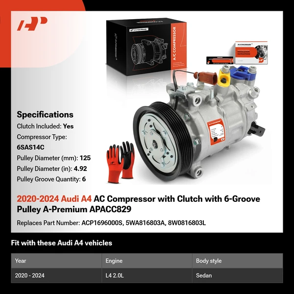 2020-2024 Audi A4 AC Compressor with Clutch with 6-Groove Pulley A-Premium APACC829