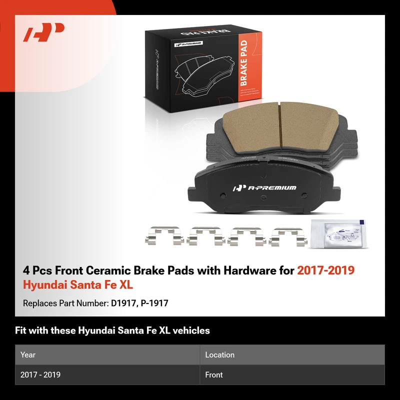 4 Pcs Front Ceramic Brake Pads with Hardware for 2017-2019 Hyundai Santa Fe XL