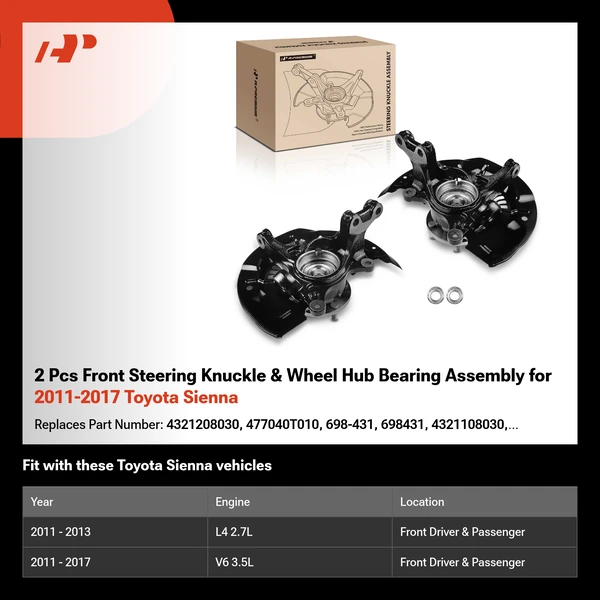 2 Pcs Front Steering Knuckle & Wheel Hub Bearing Assembly for 2011-2017 Toyota Sienna