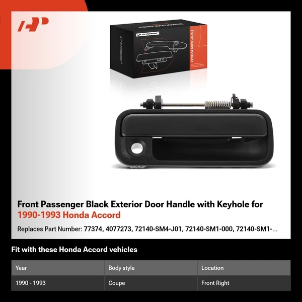 Front Passenger Black Exterior Door Handle with Keyhole for 1990-1993 Honda Accord