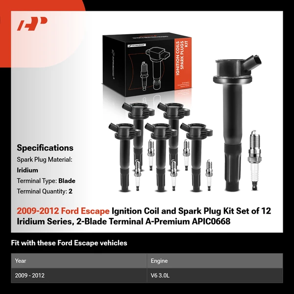 2009-2012 Ford Escape Ignition Coil and Spark Plug Kit Set of 12 Iridium Series, 2-Blade Terminal A-Premium APIC0668