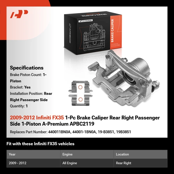 2009-2012 Infiniti FX35 1-Pc Brake Caliper Rear Right Passenger Side 1-Piston A-Premium APBC2119