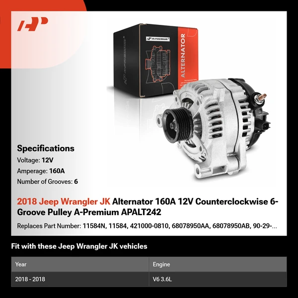 2018 Jeep Wrangler JK Alternator 160A 12V Counterclockwise 6-Groove Pulley A-Premium APALT242