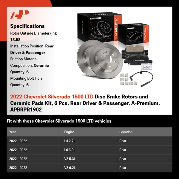 2022 Chevrolet Silverado 1500 LTD Disc Brake Rotors and Ceramic Pads Kit, 6 Pcs, Rear Driver & Passenger, A-Premium, APBRPR1902