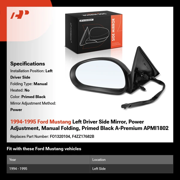 1994-1995 Ford Mustang Left Driver Side Mirror, Power Adjustment, Manual Folding, Primed Black A-Premium APMI1802