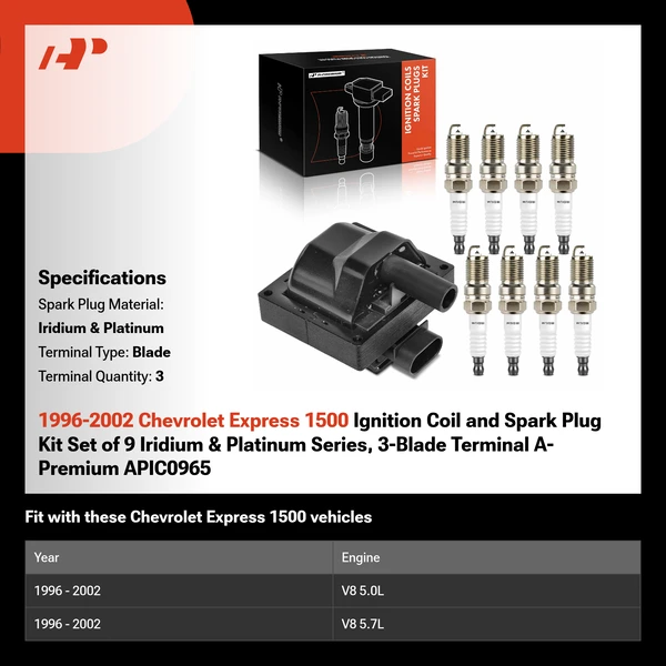 1996-2002 Chevrolet Express 1500 Ignition Coil and Spark Plug Kit Set of 9 Iridium & Platinum Series, 3-Blade Terminal A-Premium APIC0965