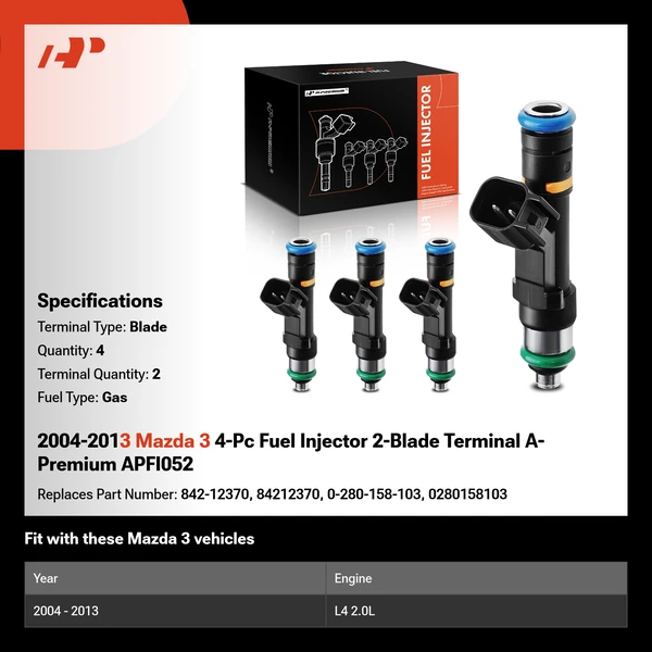 2004-2013 Mazda 3 4-Pc Fuel Injector 2-Blade Terminal A-Premium APFI052