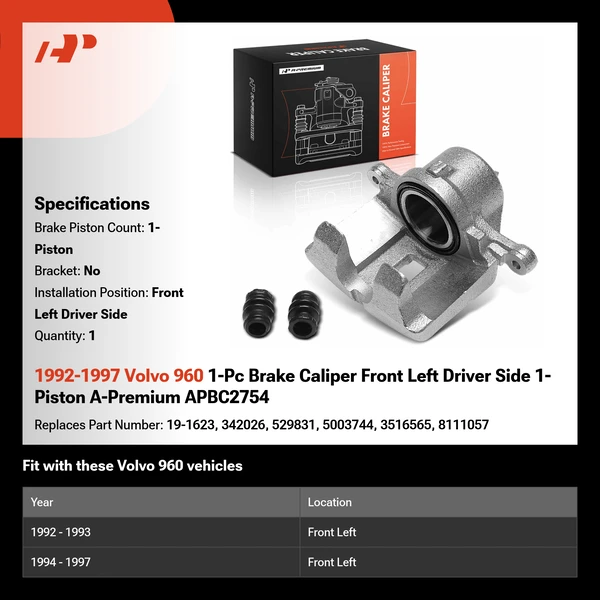 1992-1997 Volvo 960 1-Pc Brake Caliper Front Left Driver Side 1-Piston A-Premium APBC2754