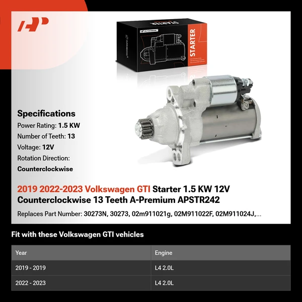 2019 2022-2023 Volkswagen GTI Starter 1.5 KW 12V Counterclockwise 13 Teeth A-Premium APSTR242