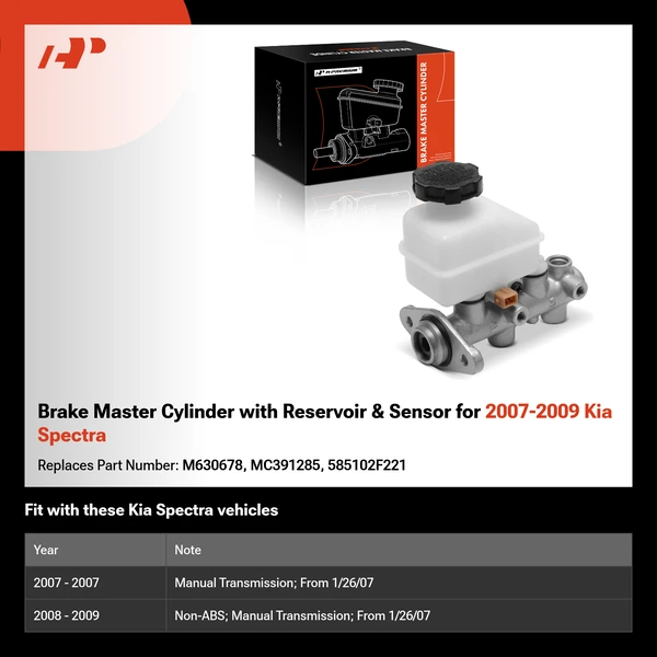 Brake Master Cylinder with Reservoir & Sensor for 2007-2009 Kia Spectra