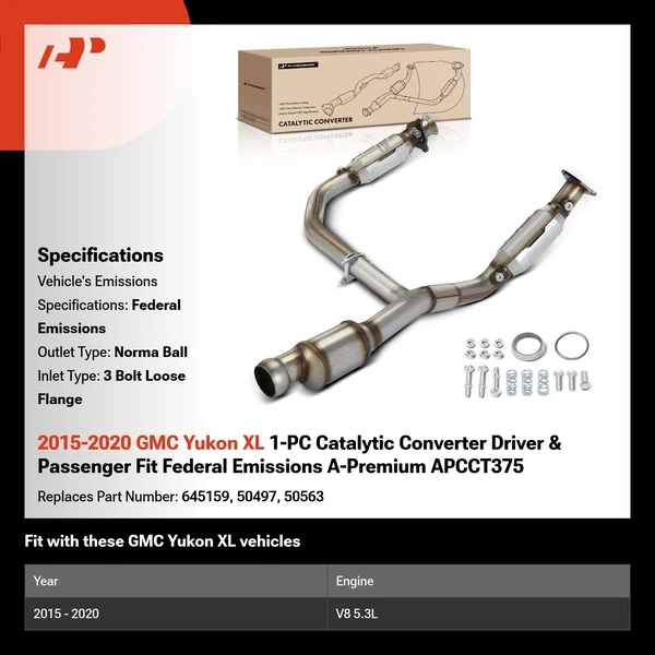 2015-2020 GMC Yukon XL 1-PC Catalytic Converter Driver & Passenger Fit Federal Emissions A-Premium APCCT375