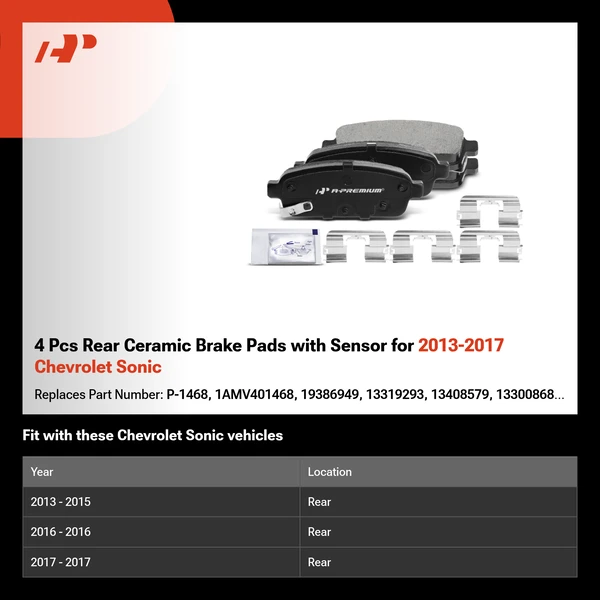 4 Pcs Rear Ceramic Brake Pads with Sensor for 2013-2017 Chevrolet Sonic
