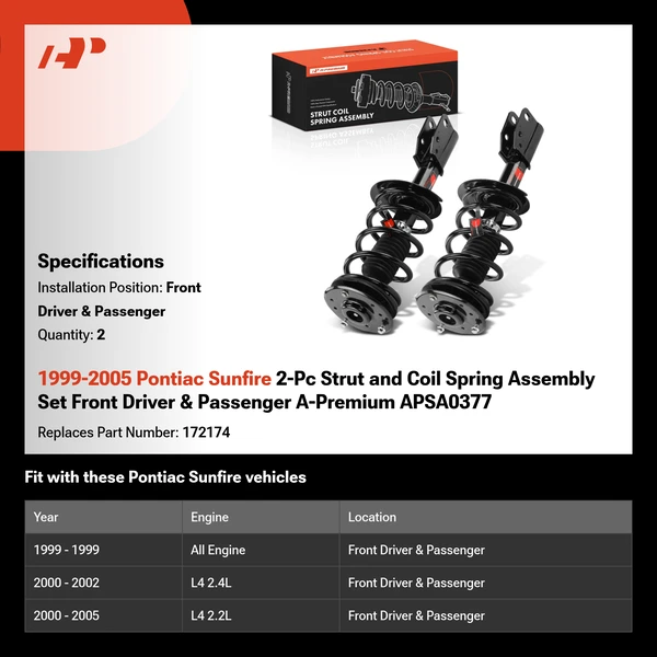 1999-2005 Pontiac Sunfire 2-Pc Strut and Coil Spring Assembly Set Front Driver & Passenger A-Premium APSA0377