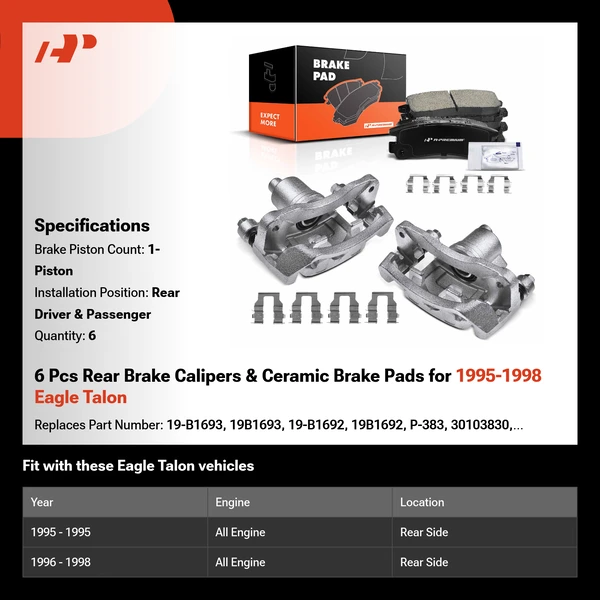 6 Pcs Rear Brake Calipers & Ceramic Brake Pads for 1995-1998 Eagle Talon
