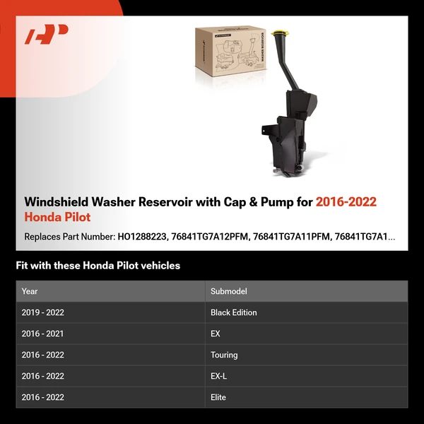 Windshield Washer Reservoir with Cap & Pump for 2016-2022 Honda Pilot