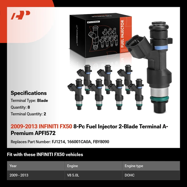 2009-2013 INFINITI FX50 8-Pc Fuel Injector 2-Blade Terminal A-Premium APFI572