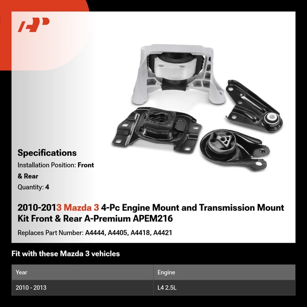 2010-2013 Mazda 3 4-Pc Engine Mount and Transmission Mount Kit Front & Rear A-Premium APEM216