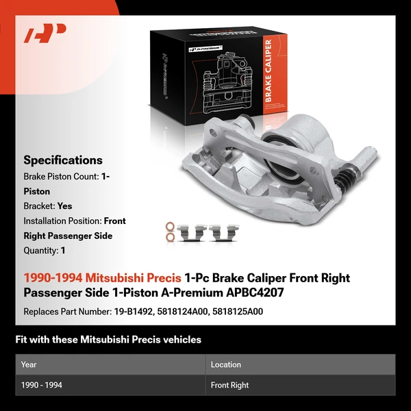 1990-1994 Mitsubishi Precis 1-Pc Brake Caliper Front Right Passenger Side 1-Piston A-Premium APBC4207