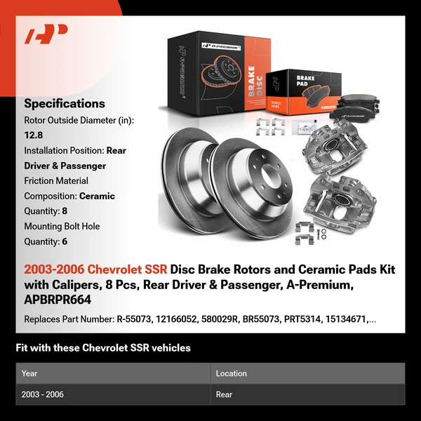 2003-2006 Chevrolet SSR Disc Brake Rotors and Ceramic Pads Kit with Calipers, 8 Pcs, Rear Driver & Passenger, A-Premium, APBRPR664