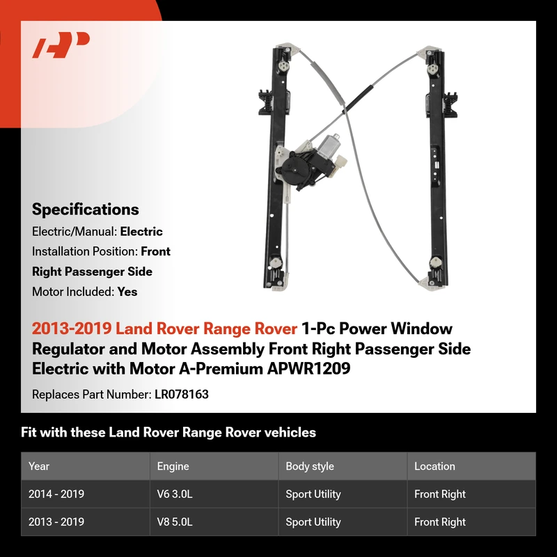 2013-2019 Land Rover Range Rover 1-Pc Power Window Regulator and Motor Assembly Front Right Passenger Side Electric with Motor A-Premium APWR1209