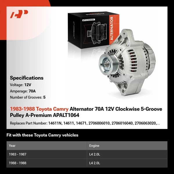 1983-1988 Toyota Camry Alternator 70A 12V Clockwise 5-Groove Pulley A-Premium APALT1064