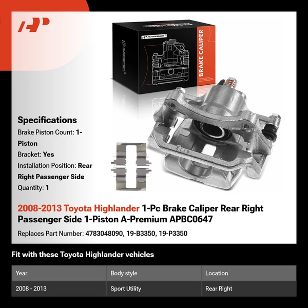 2008-2013 Toyota Highlander 1-Pc Brake Caliper Rear Right Passenger Side 1-Piston A-Premium APBC0647