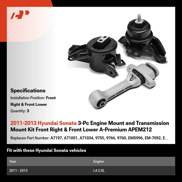 2011-2013 Hyundai Sonata 3-Pc Engine Mount and Transmission Mount Kit Front Right & Front Lower A-Premium APEM212