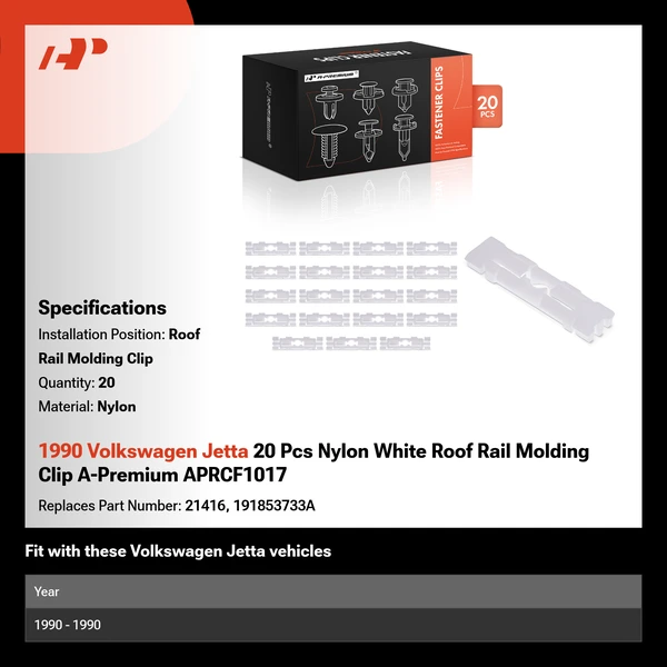 1990 Volkswagen Jetta 20 Pcs Nylon White Roof Rail Molding Clip A-Premium APRCF1017