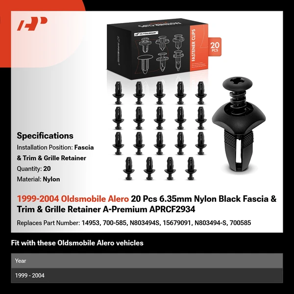 1999-2004 Oldsmobile Alero 20 Pcs 6.35mm Nylon Black Fascia & Trim & Grille Retainer A-Premium APRCF2934