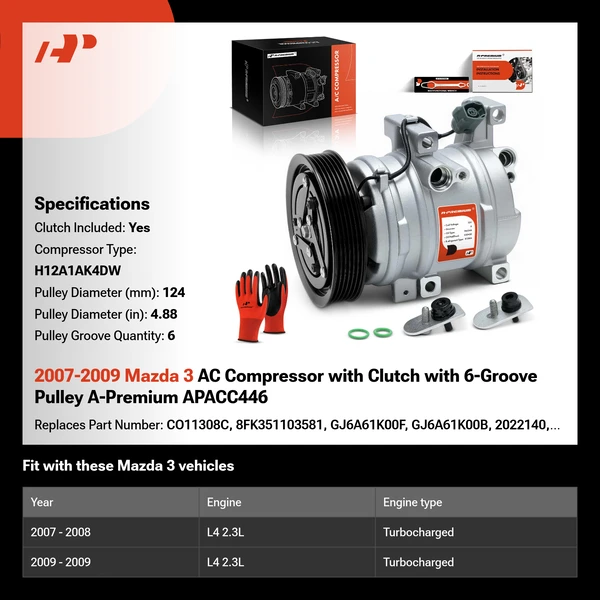 2007-2009 Mazda 3 AC Compressor with Clutch with 6-Groove Pulley A-Premium APACC446