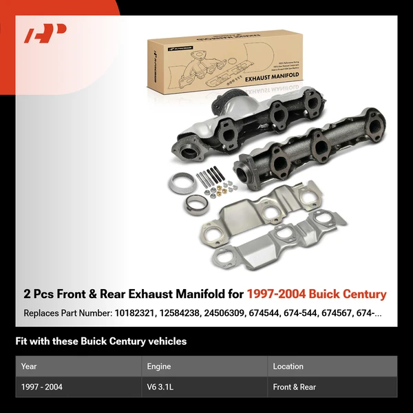 2 Pcs Front & Rear Exhaust Manifold for 1997-2004 Buick Century