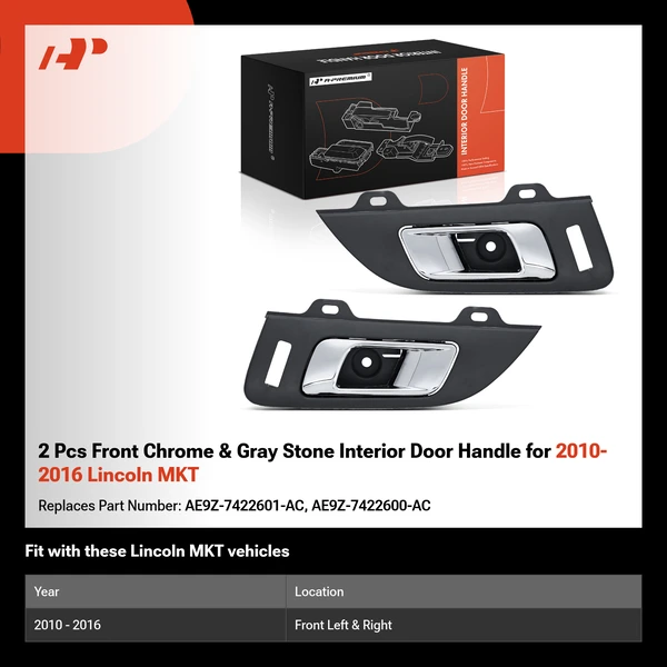 2 Pcs Front Chrome & Gray Stone Interior Door Handle for 2010-2016 Lincoln MKT