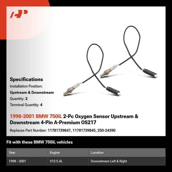 1998-2001 BMW 750iL 2-Pc Oxygen Sensor Upstream & Downstream 4-Pin A-Premium OS217