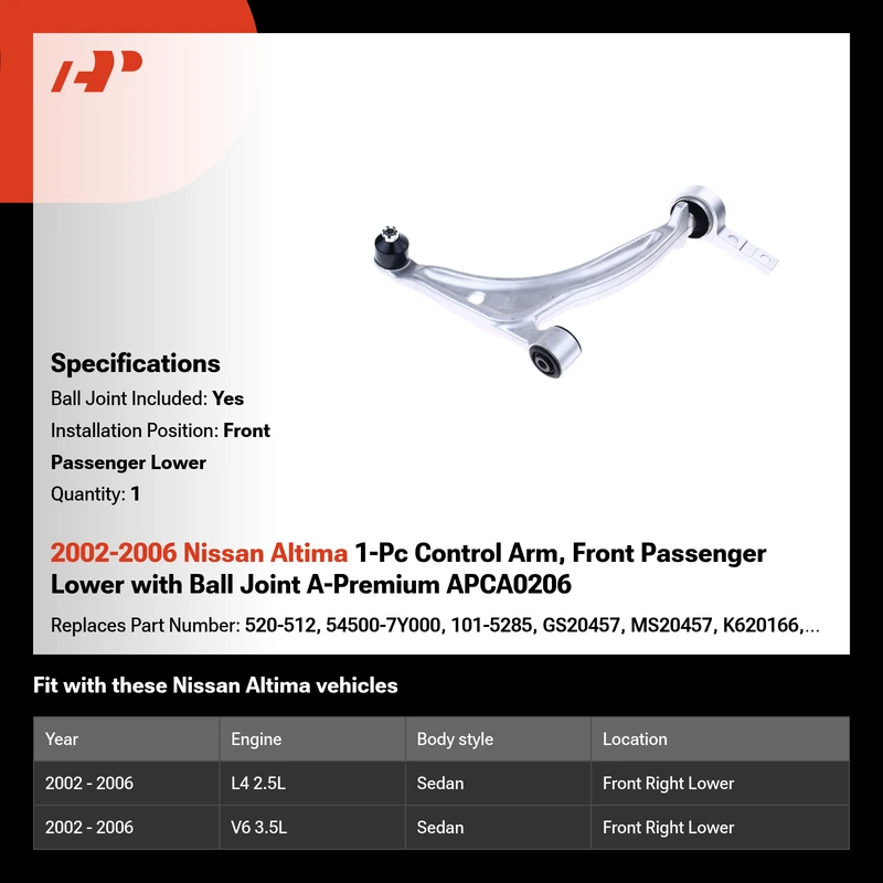 2002-2006 Nissan Altima 1-Pc Control Arm, Front Passenger Lower with Ball Joint A-Premium APCA0206