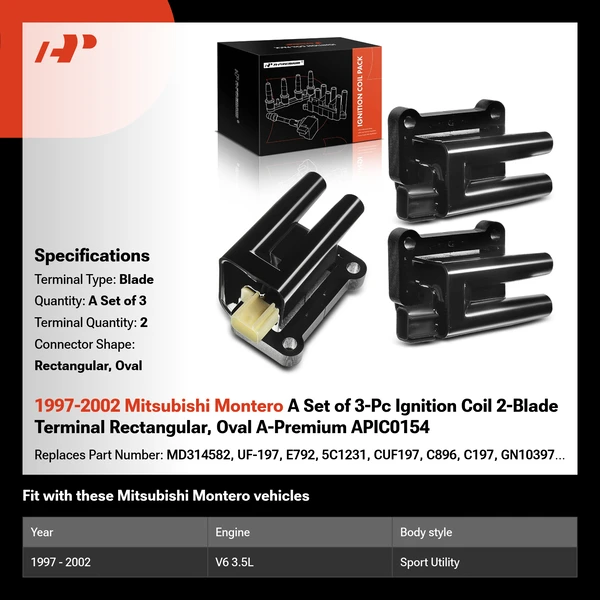1997-2002 Mitsubishi Montero 3-Pc Ignition Coil 2-Blade Terminal Rectangular, Oval A-Premium APIC0154