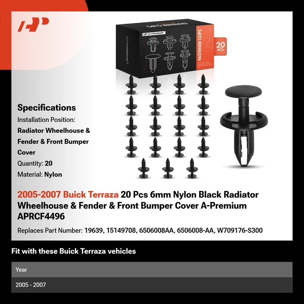 2005-2007 Buick Terraza 20 Pcs 6mm Nylon Black Radiator Wheelhouse & Fender & Front Bumper Cover A-Premium APRCF4496