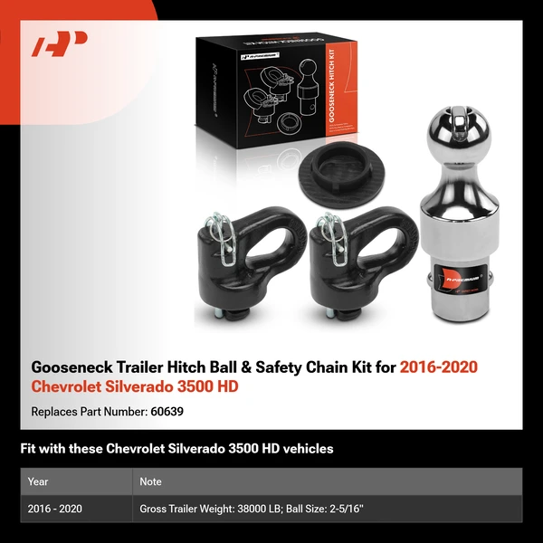Gooseneck Trailer Hitch Ball & Safety Chain Kit for 2016-2020 Chevrolet Silverado 3500 HD