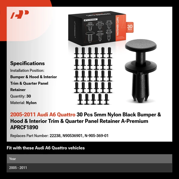 2005-2011 Audi A6 Quattro 30 Pcs 5mm Nylon Black Bumper & Hood & Interior Trim & Quarter Panel Retainer A-Premium APRCF1890