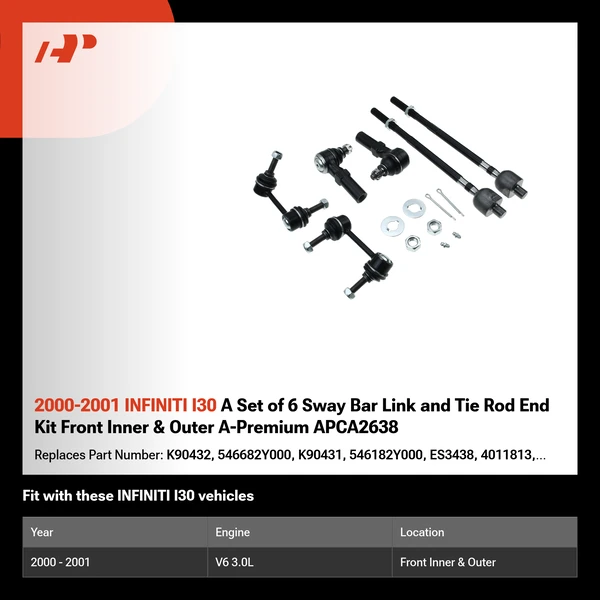 2000-2001 INFINITI I30 A Set of 6 Sway Bar Link and Tie Rod End Kit Front Inner & Outer A-Premium APCA2638
