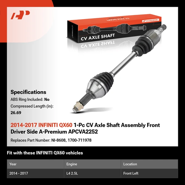 2014-2017 INFINITI QX60 1-Pc CV Axle Shaft Assembly Front Driver Side A-Premium APCVA2252