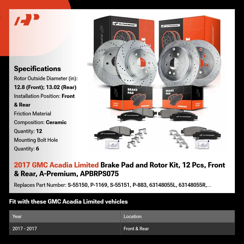 2017 GMC Acadia Limited Brake Pad and Rotor Kit, 12 Pcs, Front & Rear, A-Premium, APBRPS075