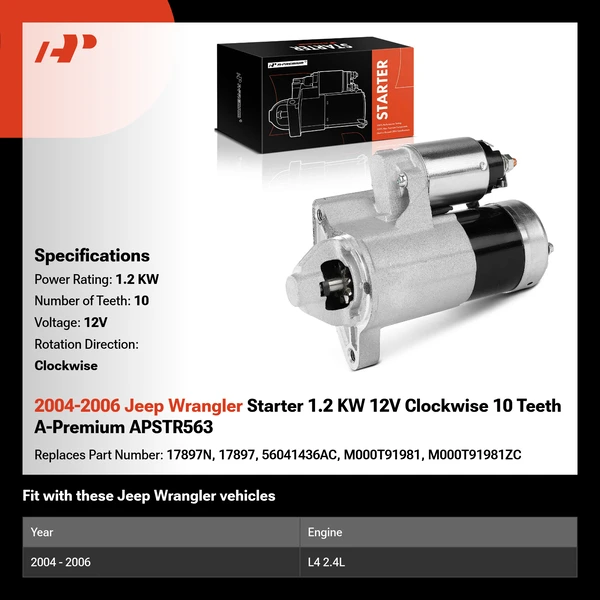 2004-2006 Jeep Wrangler Starter 1.2 KW 12V Clockwise 10 Teeth A-Premium APSTR563
