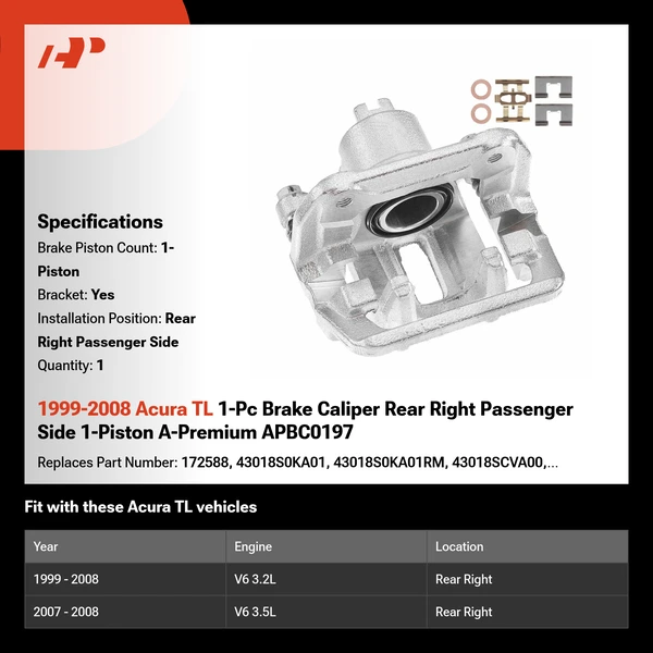 1999-2008 Acura TL 1-Pc Brake Caliper Rear Right Passenger Side 1-Piston A-Premium APBC0197