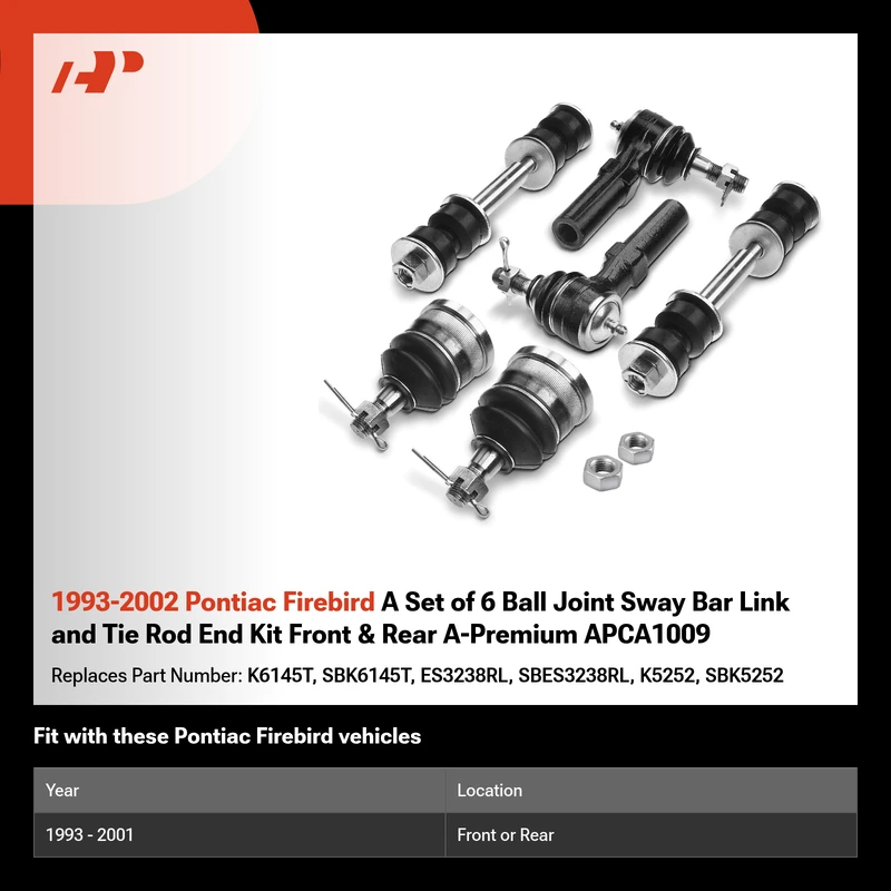 1993-2002 Pontiac Firebird A Set of 6 Ball Joint Sway Bar Link and Tie Rod End Kit Front & Rear A-Premium APCA1009