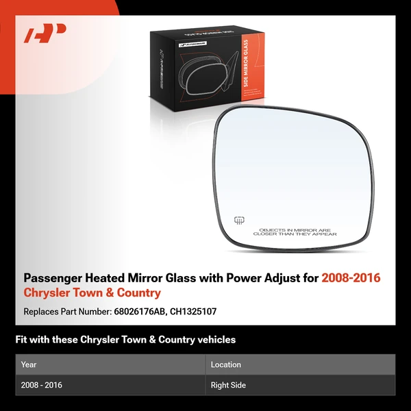Passenger Heated Mirror Glass with Power Adjust for 2008-2016 Chrysler Town & Country