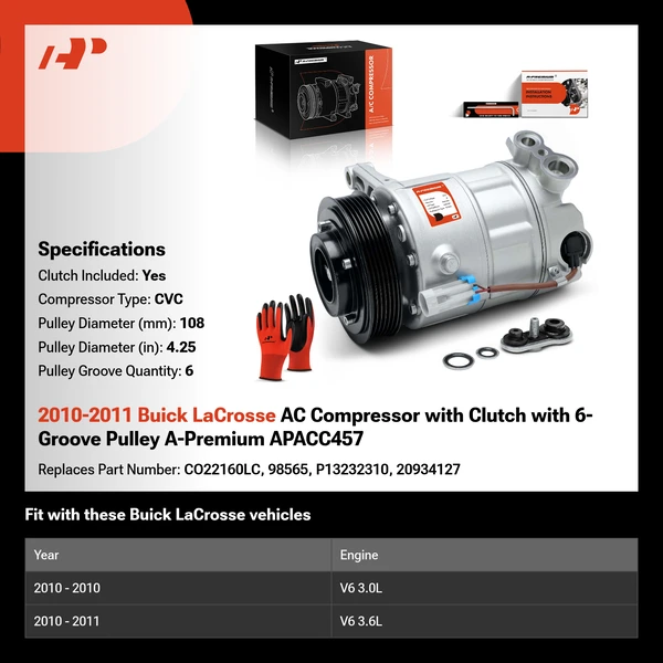 2010-2011 Buick LaCrosse AC Compressor with Clutch with 6-Groove Pulley A-Premium APACC457